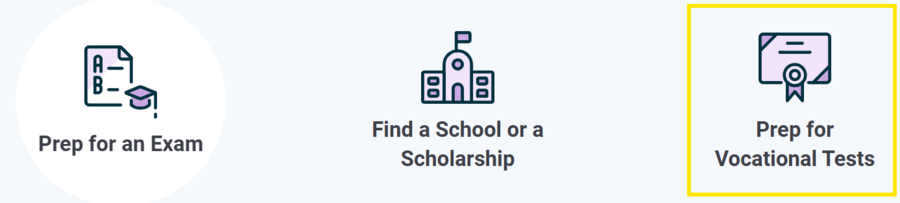 Peterson's Test Prep home page with the Prep for Vocational Tests option highlighted
