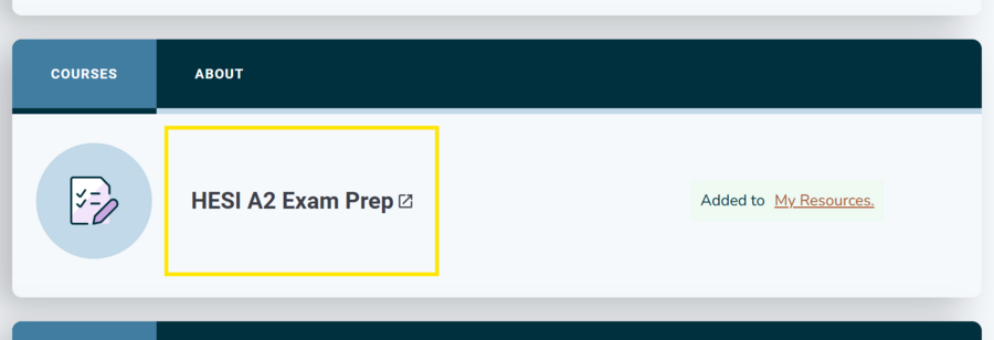 Courses list with the HESI A2 Exam Prep course highlighted